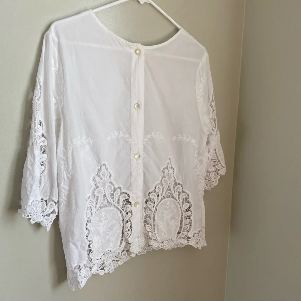 White Lace Cutout Blouse – Boho Chic Embroidered Top, Free People Style Size Sm - Picture 5 of 11